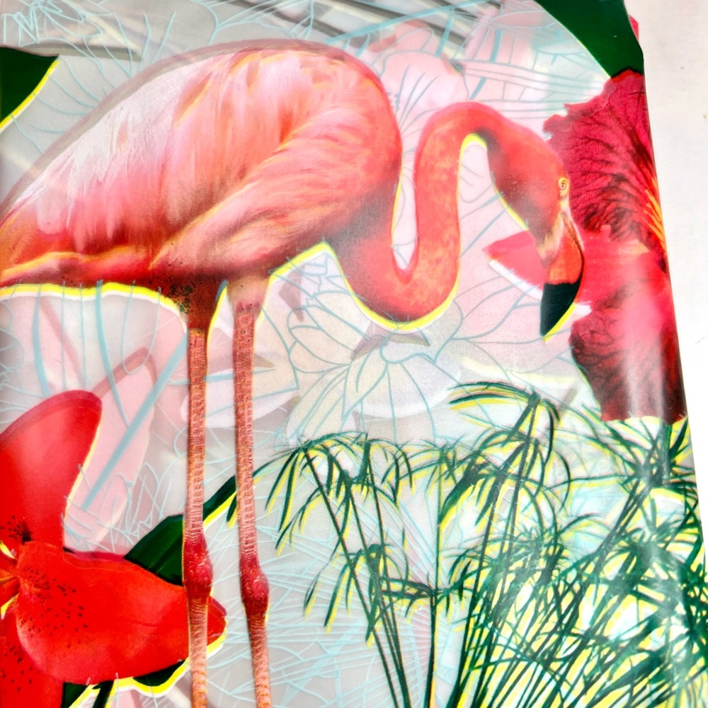 Flamingos & Tropical Flowers Peva Shower Curtain Hibiscus Orchids Bright Red - Picture 2 of 14